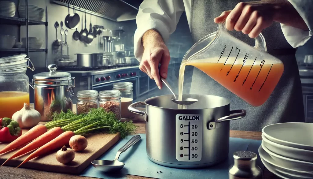 A chef pouring broth from a measuring jug with gallon and liter markings into a large stockpot in a professional kitchen, surrounded by fresh ingredients like carrots and onions on a clean countertop