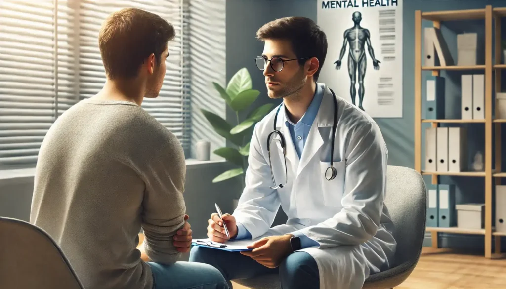 A collection of resources for mental health technicians, including books, online courses, and certification documents, displayed in a modern educational setting.