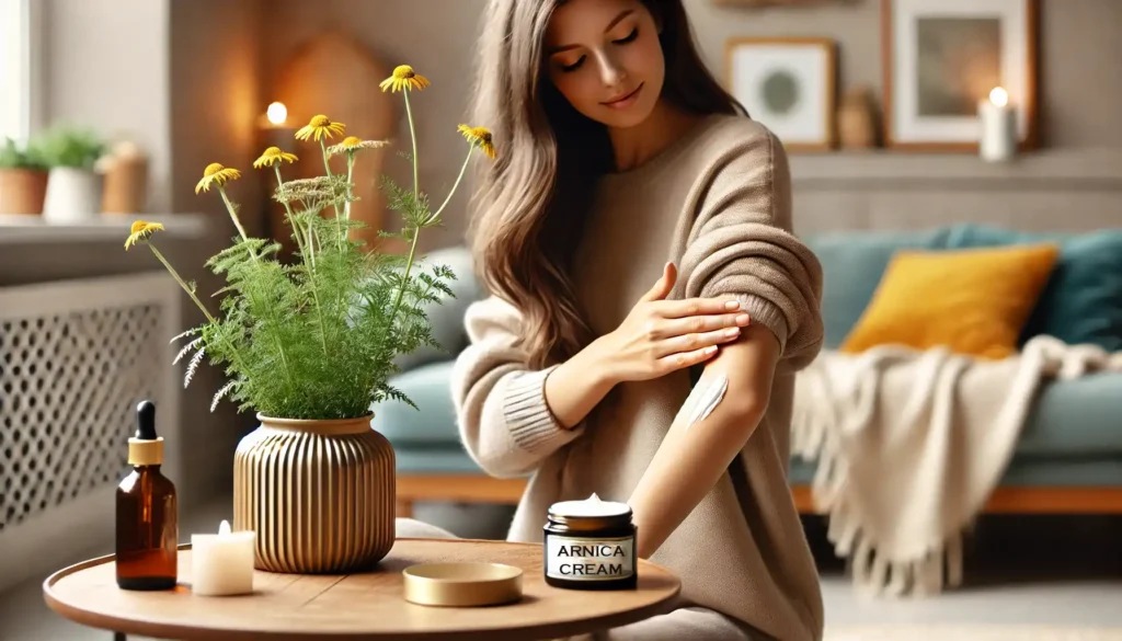 A jar of arnica cream with fresh arnica flowers, representing its natural healing benefits for bruises and swelling.