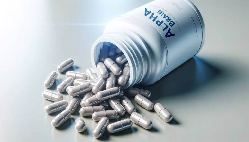 Close-up of Alpha Brain capsules spilling from a sleek bottle onto a clean surface. The brightly lit setting highlights the supplement's premium quality and natural ingredients.