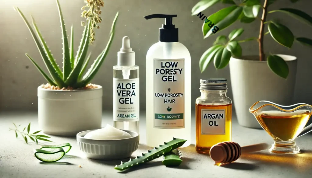 Minimalist hair care products for low porosity hair arranged on a clean bathroom counter with natural light and greenery.