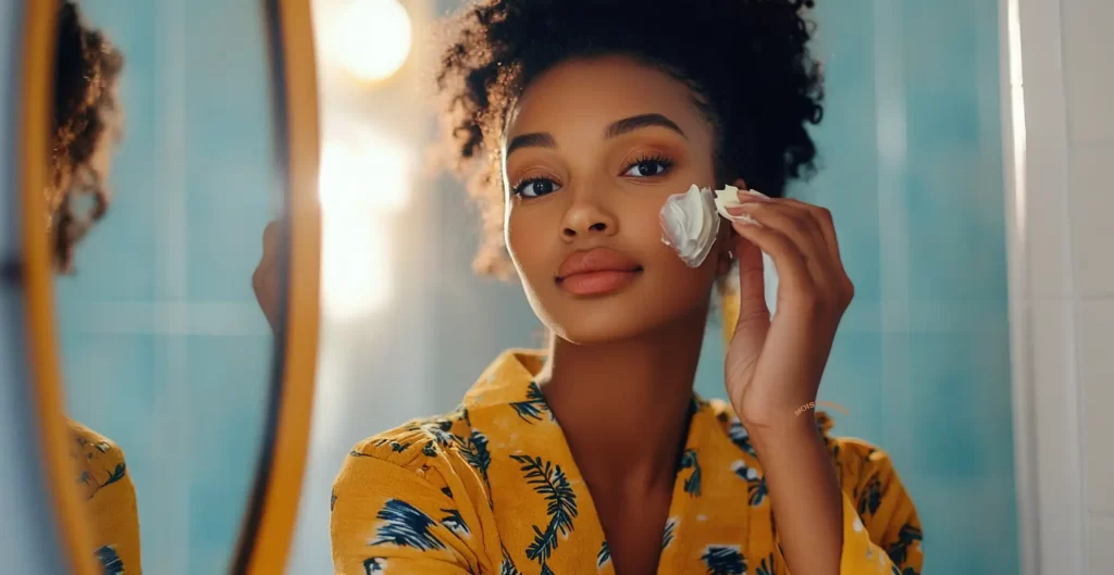 Young woman applying moisturizer to her face in front of a bathroom mirror.