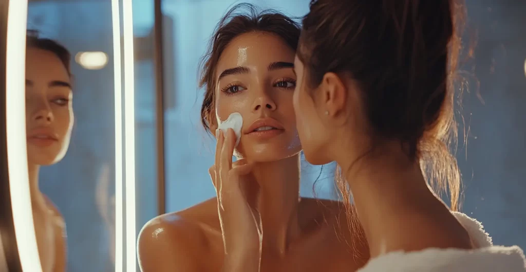 Young woman applying the best face wash for dry skin in front of a mirror.