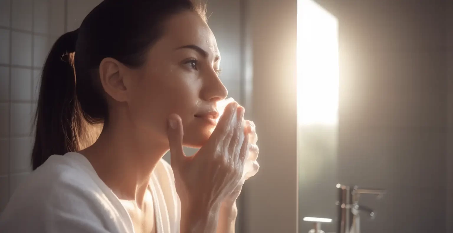 Close-up of a woman washing her face with a hydrating face wash, ideal for dry skin care. Best Face Wash for Dry Skin