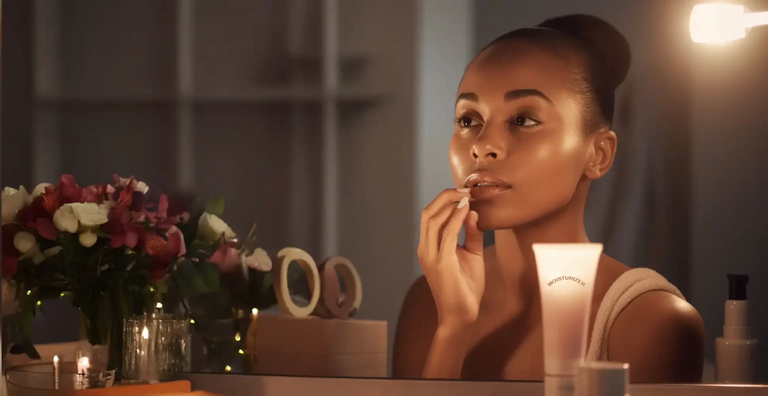 Young woman applying the best moisturizer for dry skin in a softly lit bathroom.