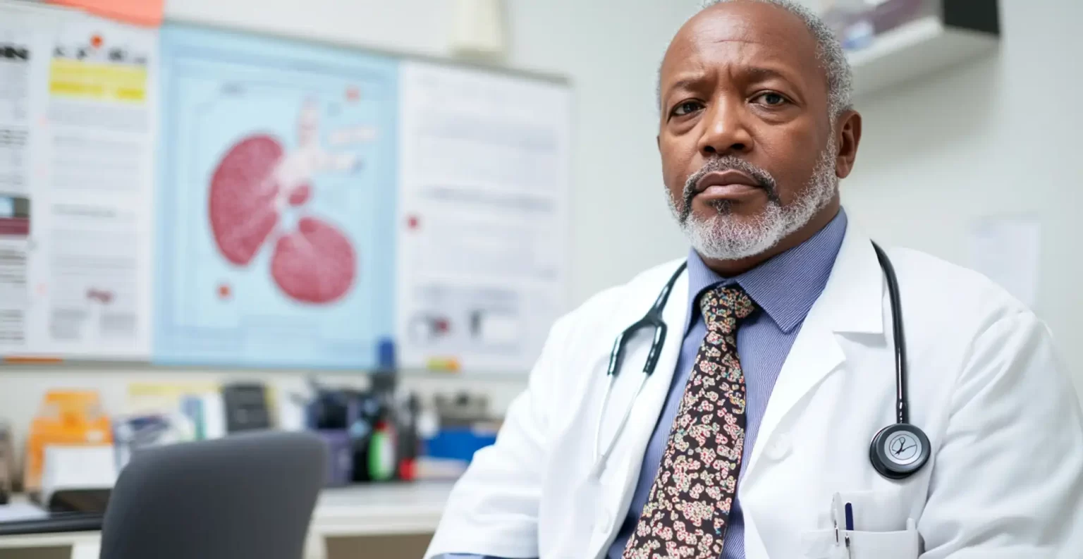 A concerned older adult discussing colon health with a doctor in a medical office