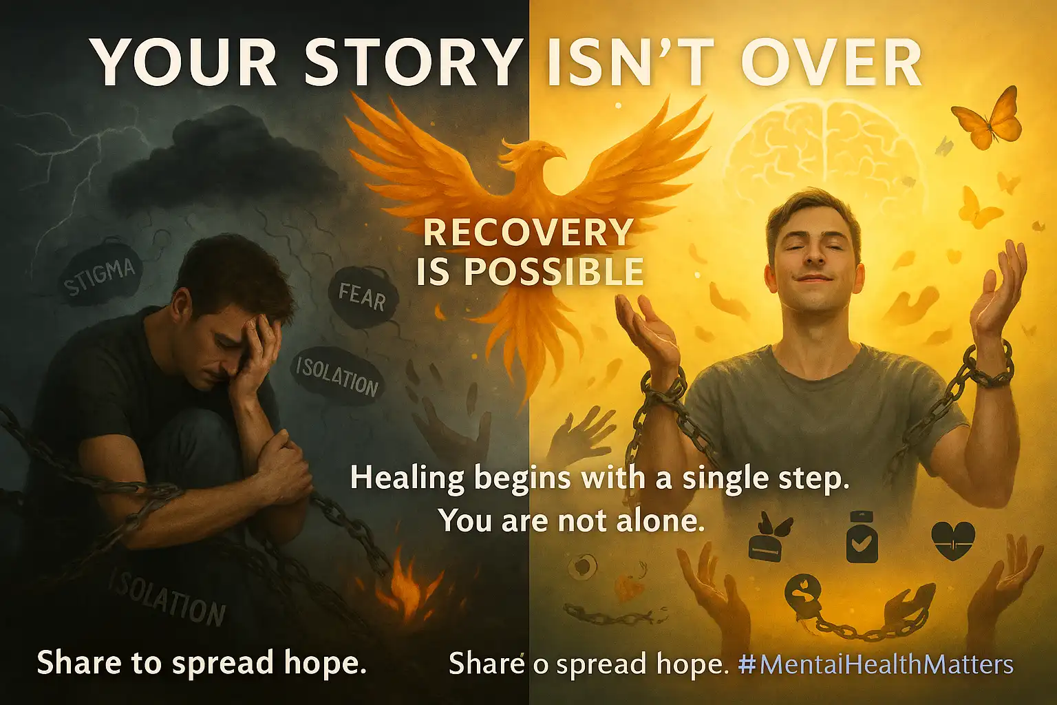 Mental disorders : Split image showing mental health recovery: Left—person in shadows with stormy brain; Right—person breaking chains with glowing neurons and butterflies. Phoenix rising with 'Recovery is Possible' text