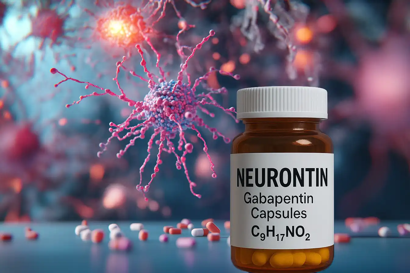 Gabapentin (Neurontin) molecular structure and neurological mechanism illustration.