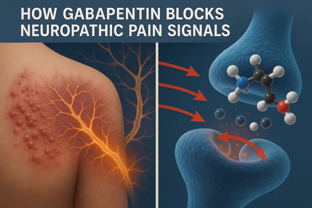 Gabapentin mechanism for treating nerve pain from shingles or diabetes.