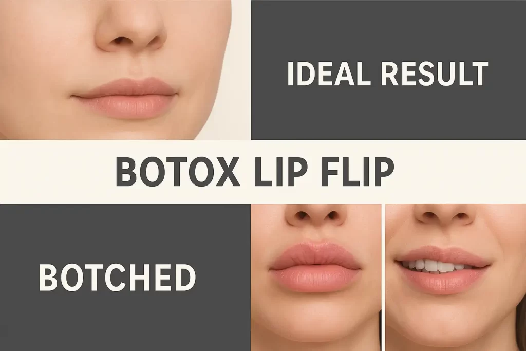 Botched Botox lip flip risks: duck lips and uneven smile vs. natural results