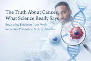 The Truth About Cancer It features a DNA strand and a visual comparison of a healthy cell transforming into a cancer cell under a magnifying glass symbolizing evidence based investigation The Truth About Cancer: What Science Really Says